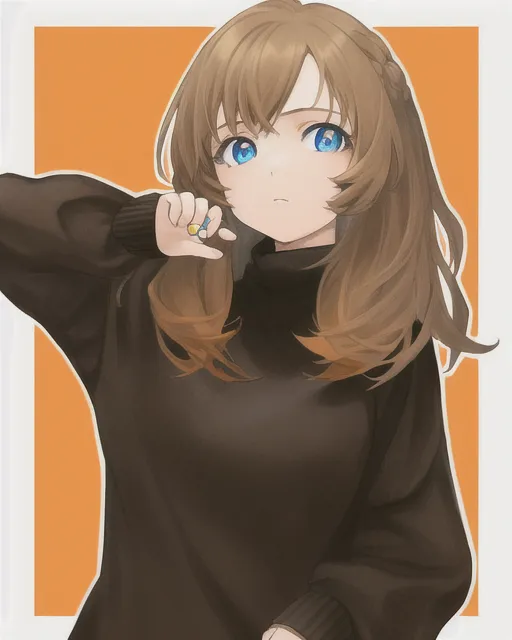 teenage girl with Light brown hair, light blue eyes and brown spirit wearing a black sweater with orange lines