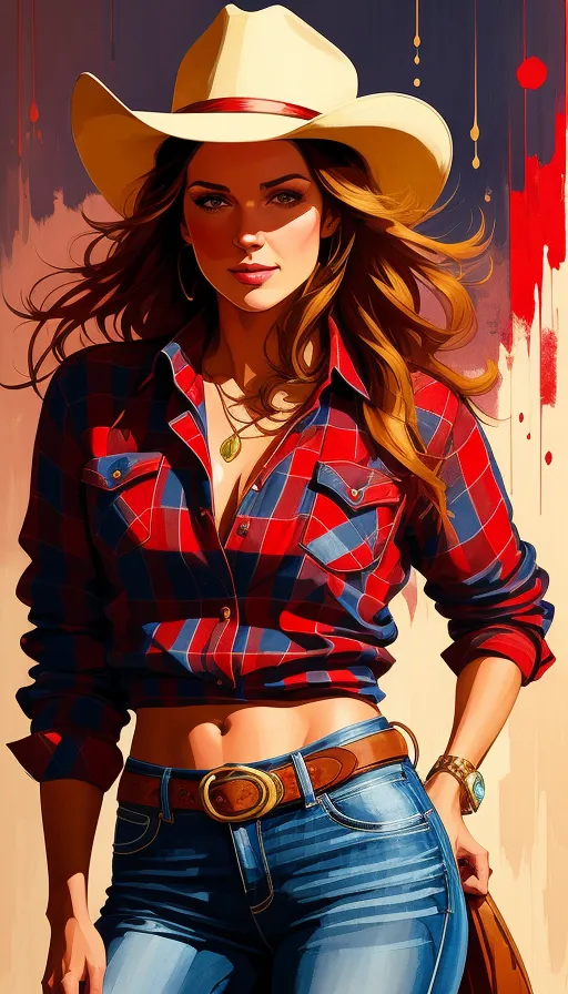 Gorgeous cowgirl in red flannel and jeans; Ben Ba - starryai