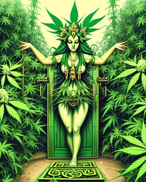 Weed Goddess is standing at the gate of a perfect Labyrinth full of cannabis plants, cannabis leaves, and cannabis inflorescences