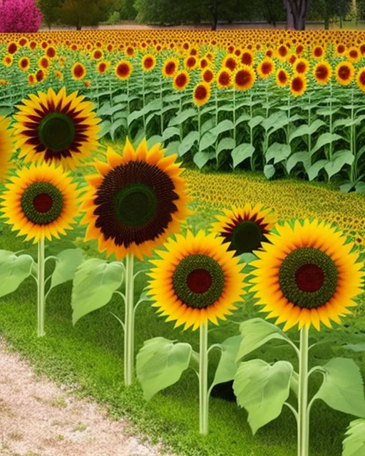 Beautiful field of different color sunflowers with a path and a empty dog bed on it 