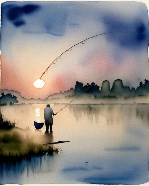 Man fishing on a small pond at sunrise. Misty air, muted background shapes and colors, realistic, beautiful watercolor painting,  realistic,  detailed,  painting by olga shvartsur,  svetlana novikova,  fine art,  soft watercolor, watercolor & pen, hyperrealism, fantasy art