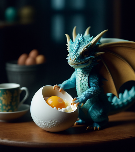 Baby dragon snacking on some eggs - Free AI Photo Generator - starryai