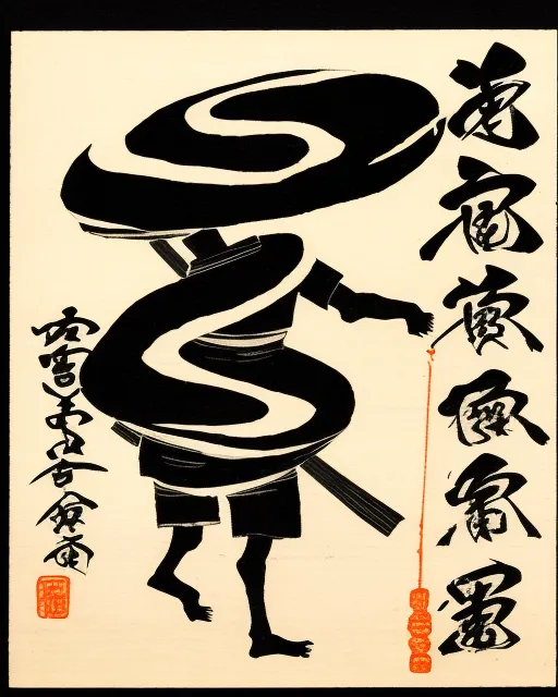 A samuri made of black ink that moves like water with the Japanese Kanji for order behind him 