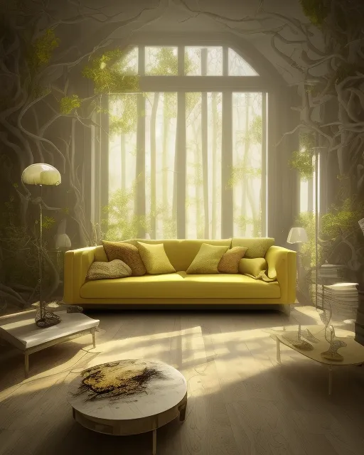 A living room with pastel yellow colours and a soft white couch with an oak table and a big window showing the beautiful forest outside 