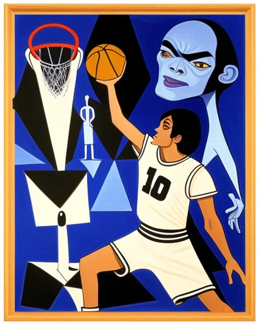 Detailed picture of Michael Jackson playing basketball with a alien draw by Picasso 