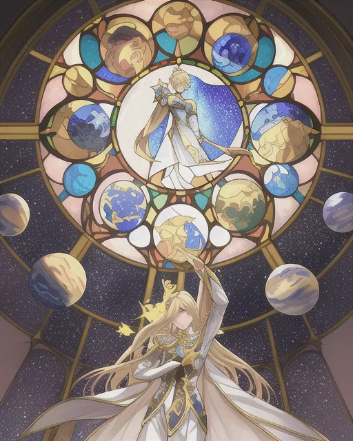 Full view stained glass window with blonde man in regal white and gold outfit surrounded by planets holding a star 