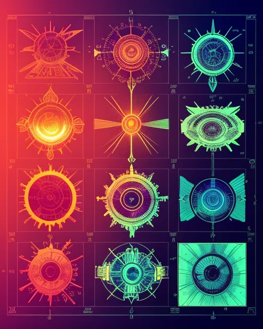 Psychedelic, Sunsets, crepuscular rays, array, quasi regular, bright, stunning,  other dimention, split lighting, steampunk blueprint, point, character design, illustration