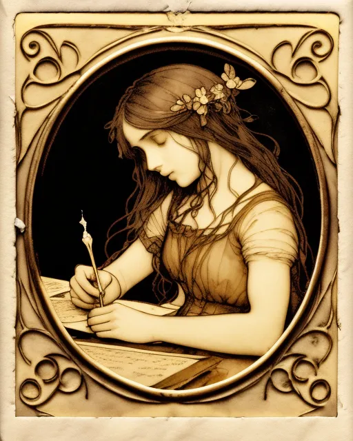 ferrotype photograph, close-up on a love letter written to Gaia on an old Art Nouveau desk surrounded by melted candles , 4k resolution, brian froud and alphonse mucha and john william waterhouse style, line art, watercolor, perfect composition, detailed background, 60-30-10 color rule, oil painting, heavy strokes, paint dripping