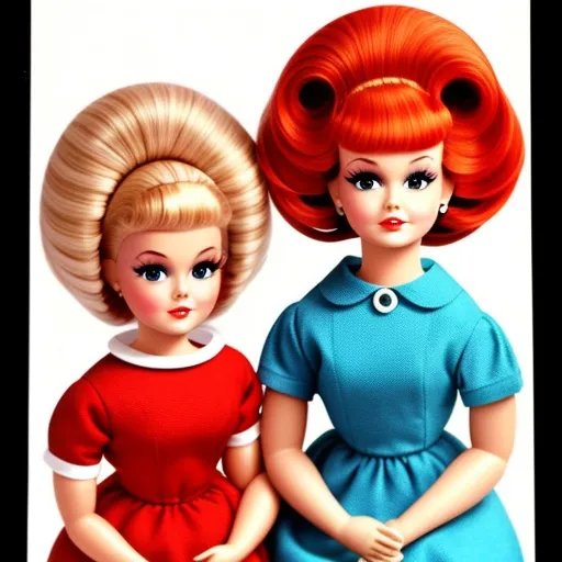 Dolls with bouffant hairstyles, 1960’s aesthetic, advertising 