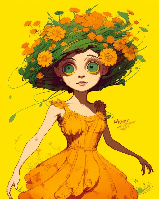 Dancing woman in marigold flowers, orange, yellow, green flowing dress, Cute big eyes ! highly detailed, perfect composition, digital painting, artstation, concept art, smooth, sharp focus, illustration, Carne Griffiths, pixar, Victo ngai, Jean Baptiste Monge, dramatic lighting