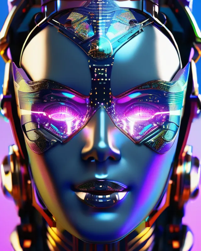 Cybernetic Face Mask with Translucent Face mask displaying a HUD for combat illuminated by LED crystallized metallic liquid armor, point, ugly art, concave, dilate, shaders, glitter, glass,  rock art, polychromatic colors, light, rimlight