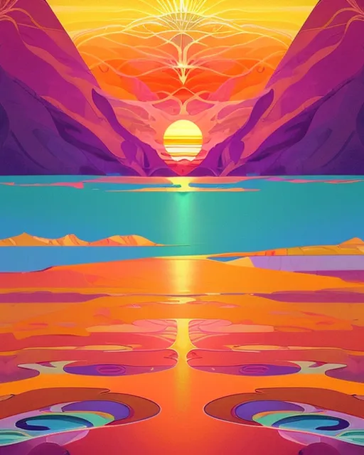 Abstract Surreal sunset landscape, ethereal feel, , serene and peaceful with deep colors,  striking pallet, richly colorful, masterpiece, museum quality, professional, fine art, detailed,  split-complementary colors warm colors, Alphonse Mucha, Gustav Klimt, art nouveau, maximalist