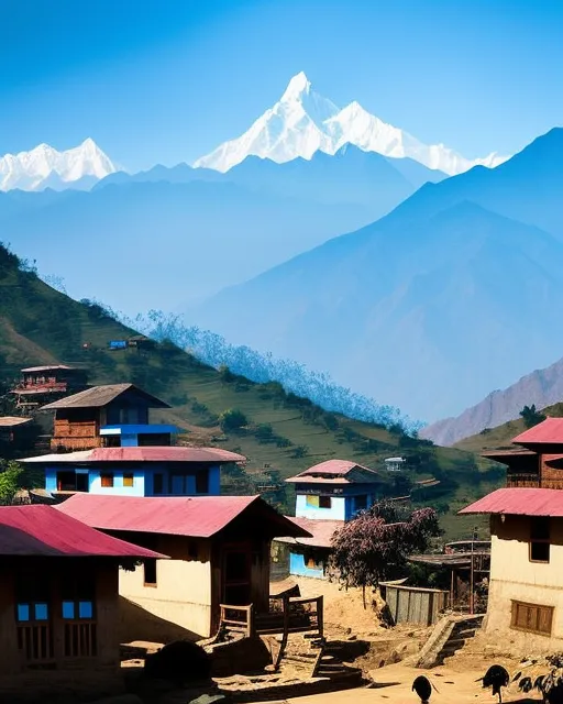 Old age  nepali culture houses on front and back beautiful mountains rang  blue and little cloud some birds movie on the sky one nepali woman side in house doing work 