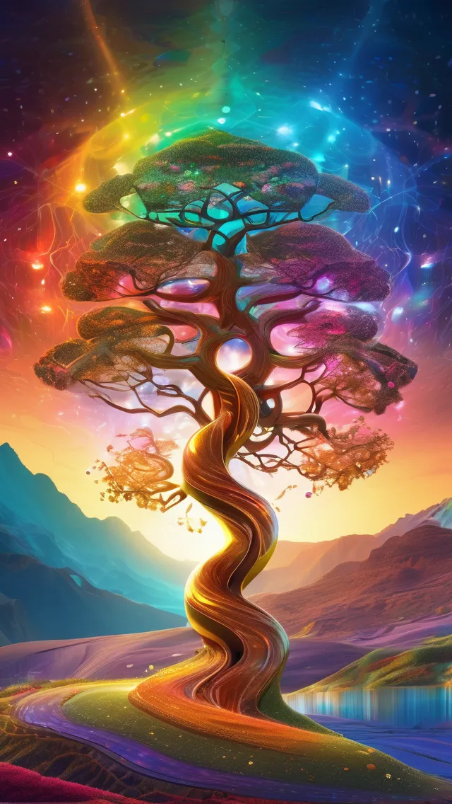 Golden tree fantasy illustration. Beautiful abstract background