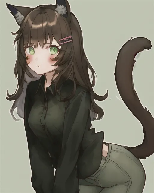 1girl, catgirl, brown hair, dark green eyes, black tail, mint shirt, gray pants, patch on cheek, hairpins