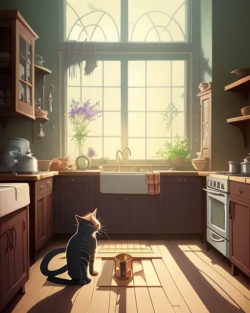 Tabby kitten in kitchen belonging to a witch, cobwebs, candles, draping garlic, herbs, , unreal engine, greg rutkowski, loish, rhads, beeple, makoto shinkai and lois van baarle, ilya kuvshinov, rossdraws, tom bagshaw, alphonse mucha, global illumination, detailed and intricate environment