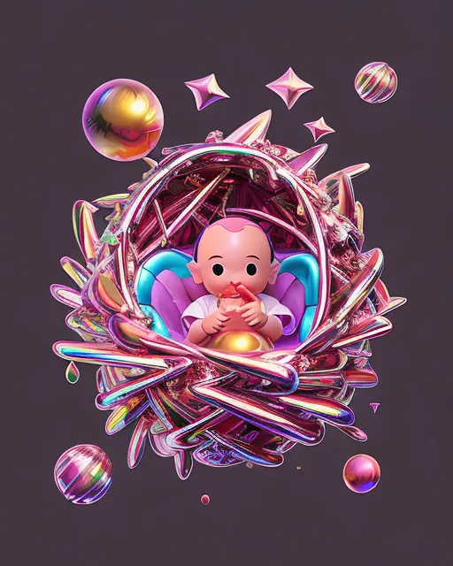 Cute little baby in a nest of cotton flocks, beautiful,  colorful,  cosmic,  futuristic,  detailed,  golden hour,  iridescent,  vibrant,  mark brooks,  frank frazetta,  david mann,  kilian eng,  jeff koons,  digital painting,  hyperrealism,  surrealism,  octane render,  trending on artstation