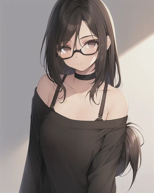 14-year-old, skinny, Latina girl with shoulder length hair, black glasses, chocolate brown hair and eyes, wearing a t-shirt or sweater, looking at viewer, hair in a half bonytail