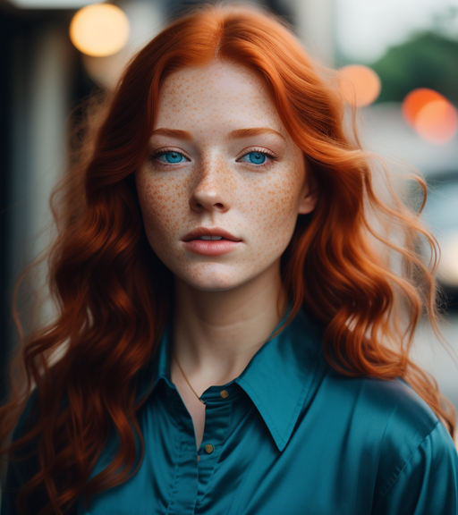 Photorealistic CloseUp Headshot Portrait of a female redhead around the age of 25. Deep blue eyes, freckles, and Petrol colored silk shirt