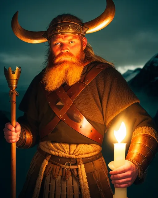 A viking holding a candlabra