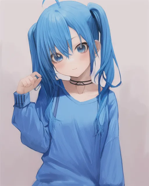 Cute anime girl with blue hair with pigtails 