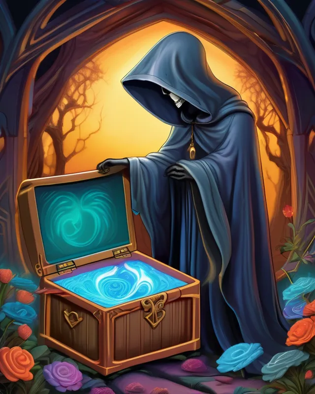 Grim reaper opening a chest full of souls