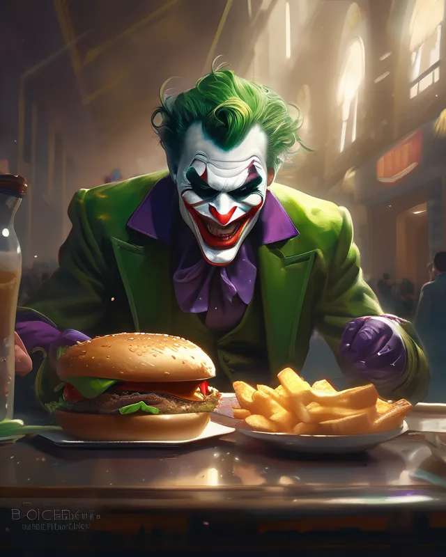 Joker Eating A Comically Large Burger - AI Photo Generator