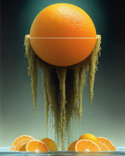 citrus fruits falling into water hyperdetailed, sf, intricate artwork masterpiece, ominous, matte painting movie poster, golden ratio, trending on cgsociety, intricate, epic, trending on artstation, by artgerm, h. r. giger and beksinski, highly detailed, vibrant, production cinematic character render, ultra high quality model