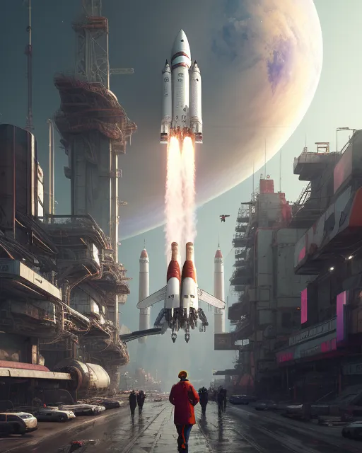 Cosmodrome. Space shuttles take off - AI Photo Generator - starryai