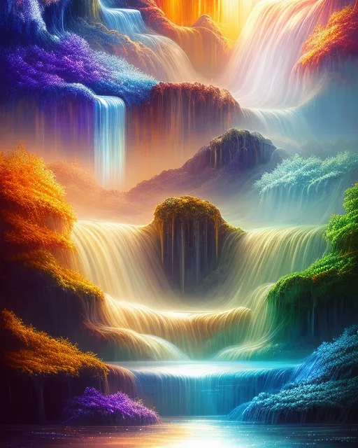 Multiverse waterfall , fantasy art, polished, beautiful, radiant, golden hour, cosmic, hyperdetailed, detailed, iridescent, ethereal, mysterious, ominous, vibrant, vapor, flickering light, photorealistic
