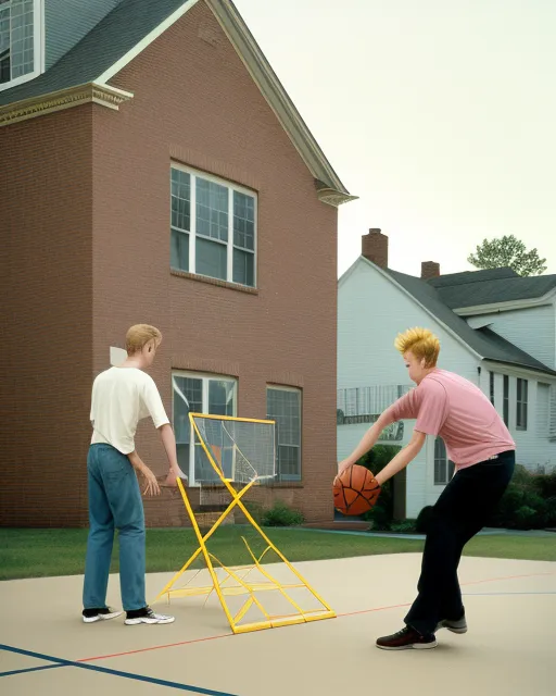 A 21-year old 5’ 9” man with spiked rusty blonde hair & a 6’ 1” 19-year old young man with brown hair playing basketball on a glass backboard basketball goal set at 10 feet in a backyard on cobblestone driveway in Maplewood, New Jersey in the year 2004; slow shutter speed; ICM; Motion blur; impressionistic; retro futurism; midjourney, Dusty Rose, slow shutter, Intentional Camera Movement, motion blur, Pop Art, futuristic, hyper detailed, gossamer, Keith Haring-style, Andy Warhol, Jean-Michel Basquiat, Jeff Koons, Harland Miller, HDR photography, Leica