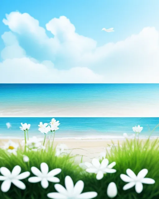 Photographic image with white flowers in the foreground and a seaside sky in the background, clean, fresh, and realistic in detail