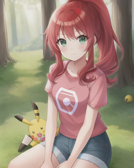 A Girl With Fire Red Hair In A Long curly High Ponytail ,Wearing A Pink T Shirt And Denim Shorts And Pokemon Balls,With Pikachu,Soft Smile, Green Eyes, 11 Year Old Girl, Warrior, in the woods,