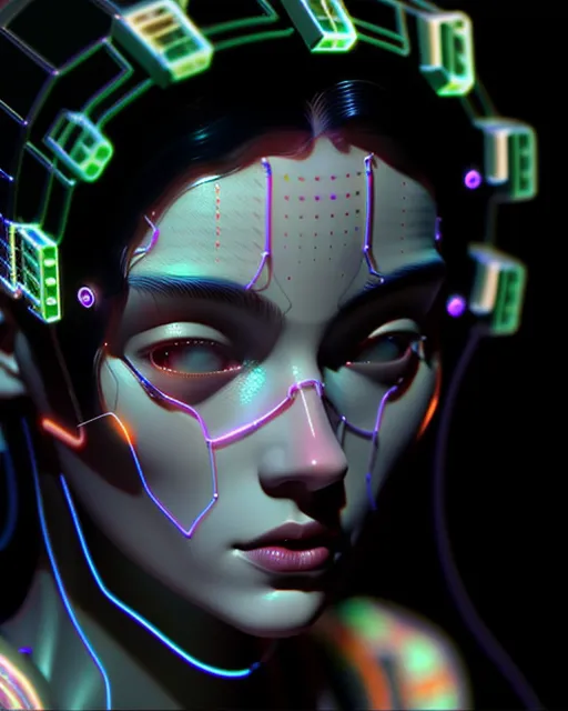 Mechanical woman with thin  circuitry running across her face and wires for hair. , Hyper detailed, fantasy art, concept art, Tonalism, digital painting, hyperrealism, watercolor, trending on artstation, Rendered in Cinema 4D, by Seb Mckinnon