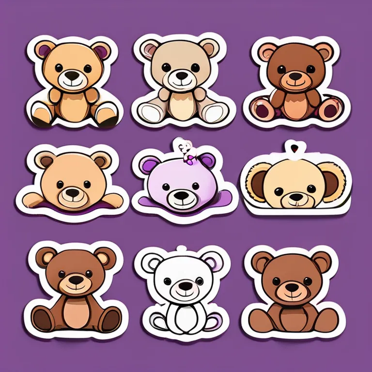 Stickers with white borders, (teddy bears), (cute) style, each one unique, perfectly formed, anatomically correct, highly detailed, extreme definition, white sticker borders, displayed upon a (purple) colored background.