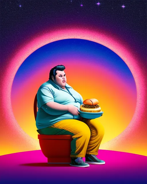 fat elvis on toilet with cheeseburger, 2d vector illustration portrait,  beautiful,  vibrant,  digital art, beautiful surreal building in a landscape,  luxury residential property,  real estate photography,  cosmic sky,  detailed,  realistic,  natural light,  full-color,  dreamscape aesthetic,  surreal fantasy building,  hd photography,  house and garden,  dwell designs,  architectural digest, digital painting,  digital illustration,  extreme detail,  digital art,  4k,  ultra hd, beautiful,  colorful,  cosmic,  futuristic,  detailed,  golden hour,  