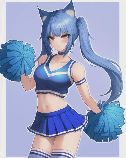 A blue haired catgirl wearing a cheerleader uniform 