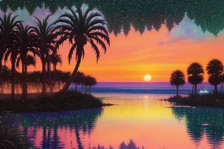 Gorgeous Sunset Over Water And Tropical Islands, Hyperrealism, Photorealism, Extremely Detailed, Sparkles, Sparkling Stars, Glowing Stars, Reflections On Water, Galaxies, Nebula, Bioluminescence, Sparkling Flora, Tropical, Glowing Coral, Glowing Algae, Sparkling Palm Trees, Avatar