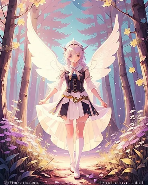 Magical girl with stars and cute fluffy dress, Cosmic Colors Palette, Full Color, Highly Detailed Eyes, Pretty Face, Fantasy Background, Sharp Focus, Trending On Artstation, Cinematic, 8k Modern Disney Style, HD, detailed face, detailed body, detailed surroundings, fairy, elf,  dress, long hair,  fairy wings, wings, magic wand, woods, mushrooms, field of mushrooms, field of flowers, shimmer, glimmer, stars, magic, aura