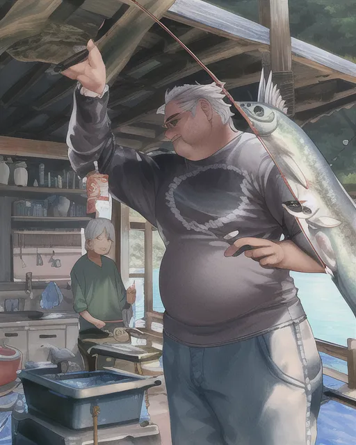 Chubby, uncle, silver hair, fishing,