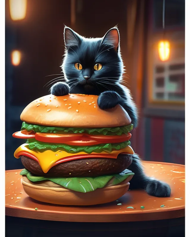 Cat munching on a hamburger