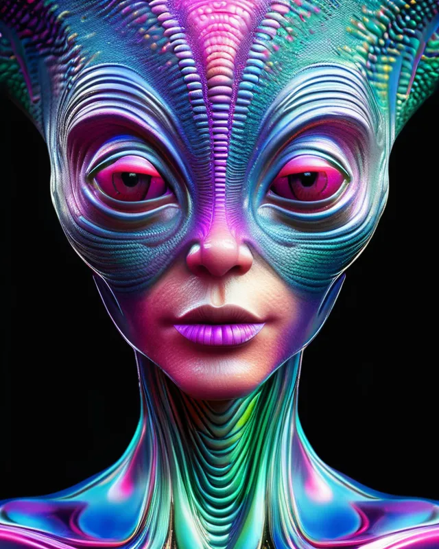 Ultra realistic liquid textured alien in psychedelic colour 