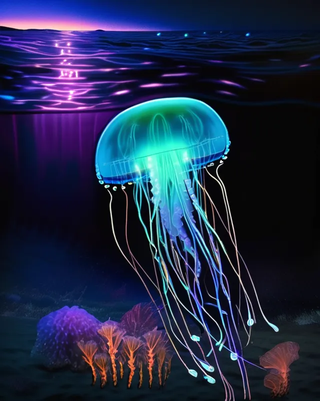 Bioluminescent jellyfish swimming - Free AI Photo Generator - starryai