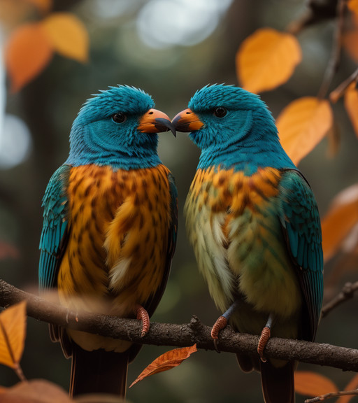 Two beautiful birds of beautiful colors, in love on a branch with leaves in the fautumn orest, high definition, high resolution, ultra hd, 8k 
