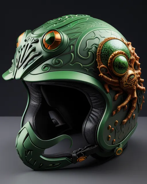 A green helmet with frog inspired artwork on it