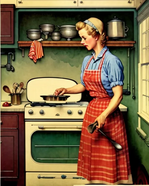 A 1940s housewife cooking a kitchen; - AI Photo Generator - starryai