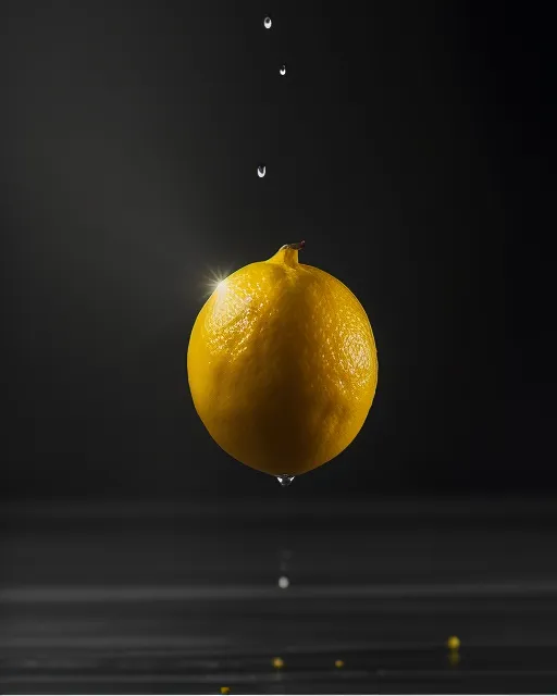 One beautiful yellow  lemon  levitating vertically in darkness, stage light, dew on a surface of lemon,  dark room,  black background, photorealistic, airbrush, airbrush, rendered in blender, food photography,  beautiful,  delicious food,  realistic,  natural light,  colorful,  food art,  object photography,  still life food photography,  vignette,  ultra hd, medium shot, telephoto lens, studio lighting, high-key lighting, bright yellow, 8k, super hd, detailed, hyper realistic 