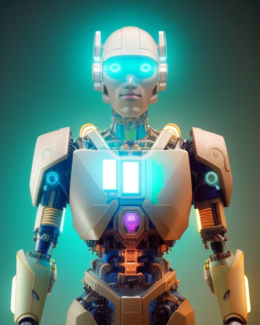 Luminescent vaporwave cyborg, beautiful masterpiece, hyperrealistic by Wes Anderson, Michael Kaluta, Aleksandr Kuskov, Christophe Heughe, Adobe After Effects, Post-Production, SFX, intricate, elegant, hyper realistic, detailed, 16k resolution, 3ds max, vray, ILM, PIXAR