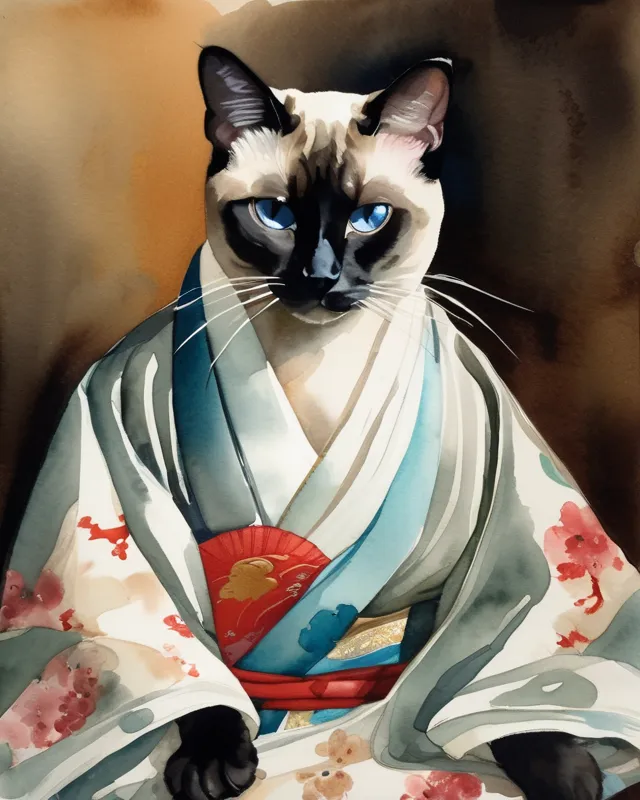 Portrait of a Siamese cat wearing a silk Japanese robe, Chinese watercolor painting.