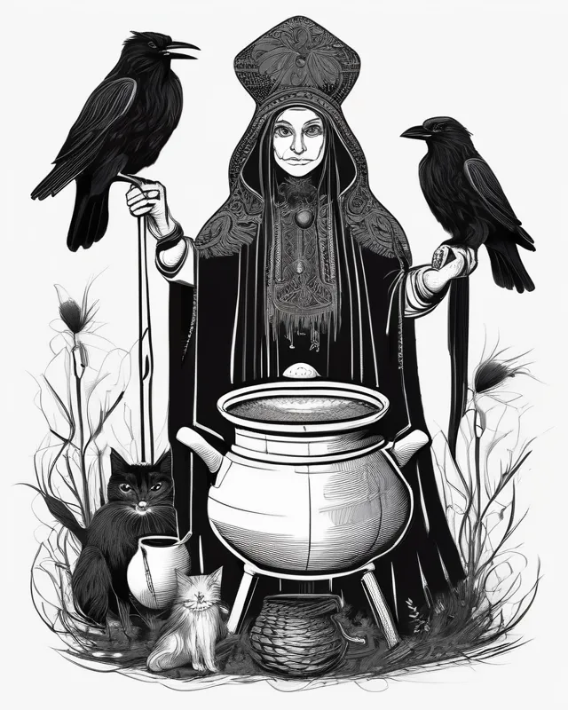 Russian witch Baba Yaga with bubling couldron and black cat and black raven